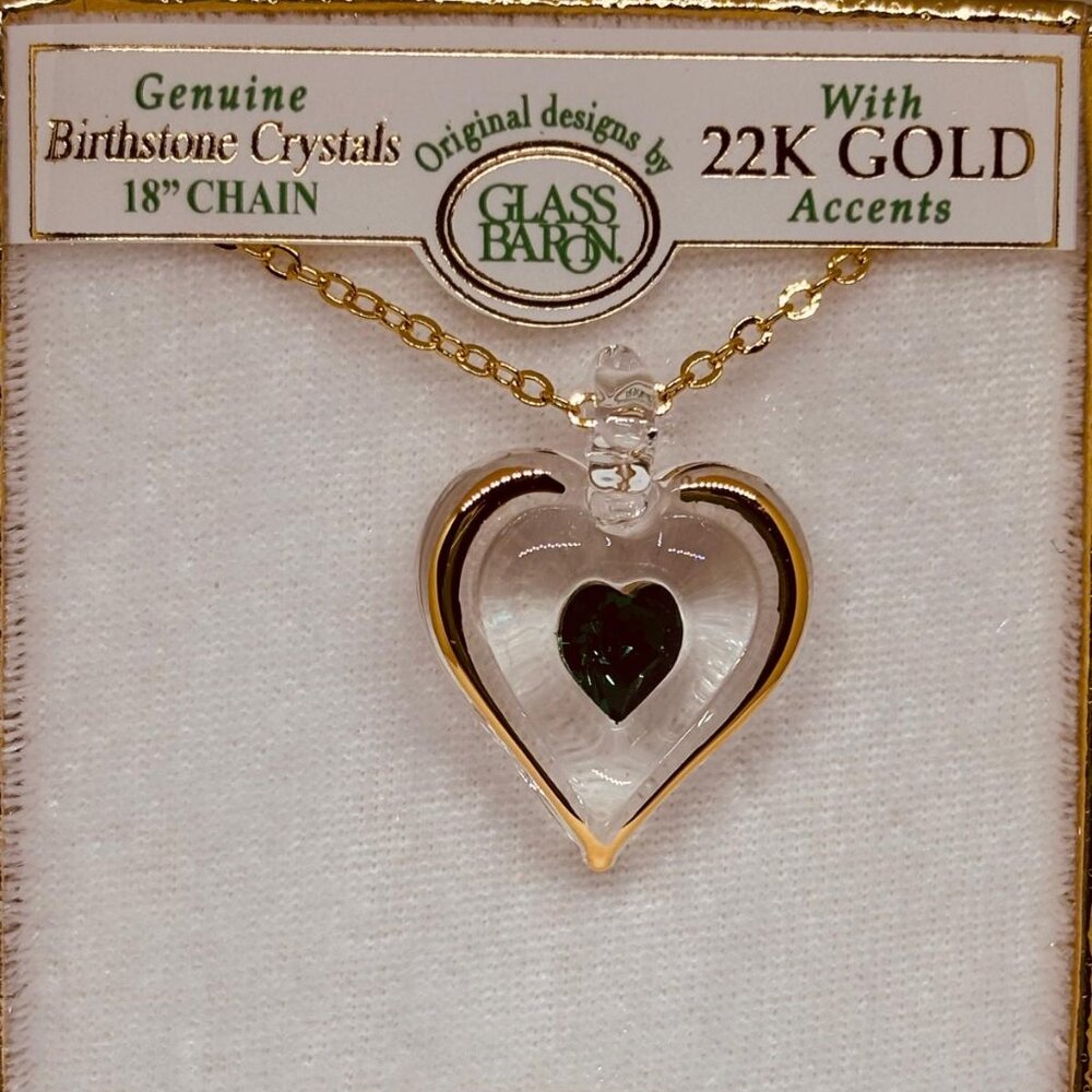 May Birthstone Heart Necklace Green Crystal Gold Tone Gift Jewelry